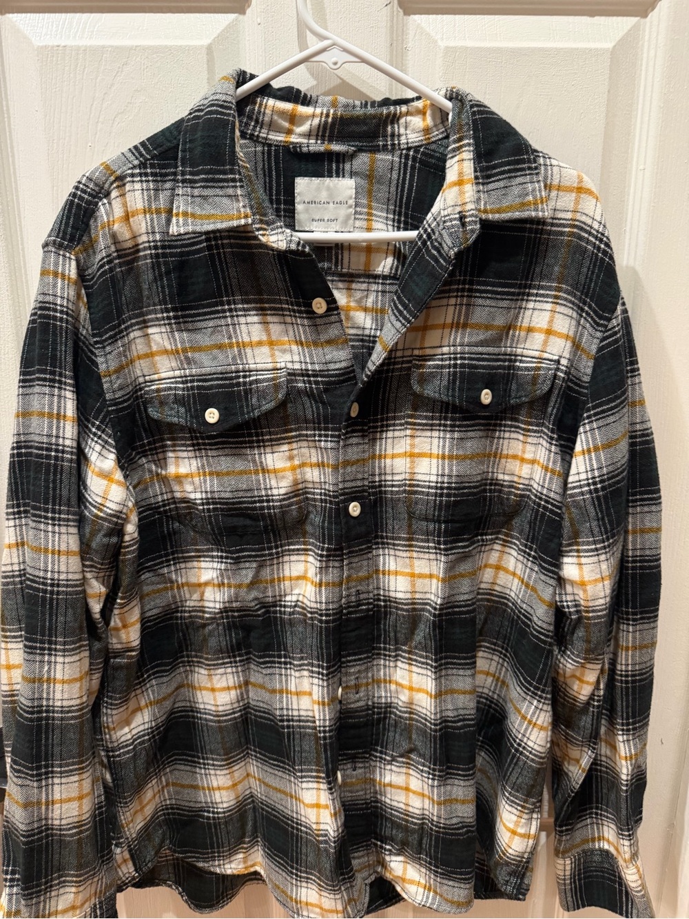 American Eagle Outfitters Black White and Mustard Plaid Button-Down Shirt